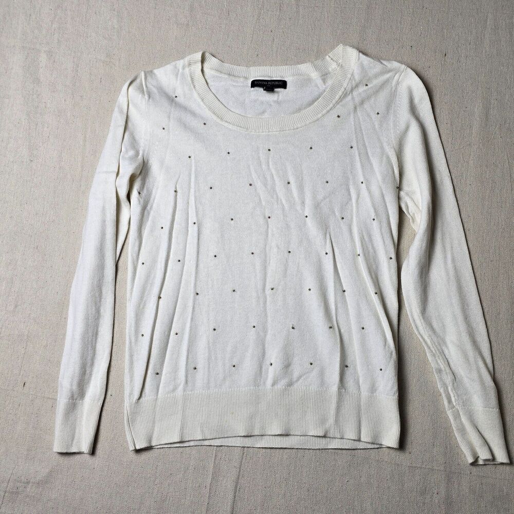 Banana Republic XS White Scoopneck Pullover Sweater Gold-Toned Popcorn‎ Thread